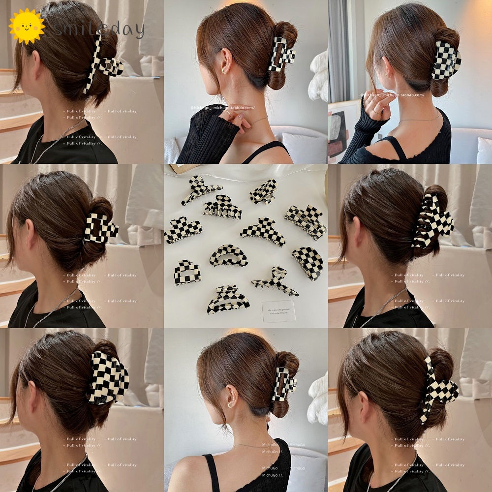 Kẹp tóc họa tiết bàn cờ màu trắng đen đơn giản thời trang cho nữ