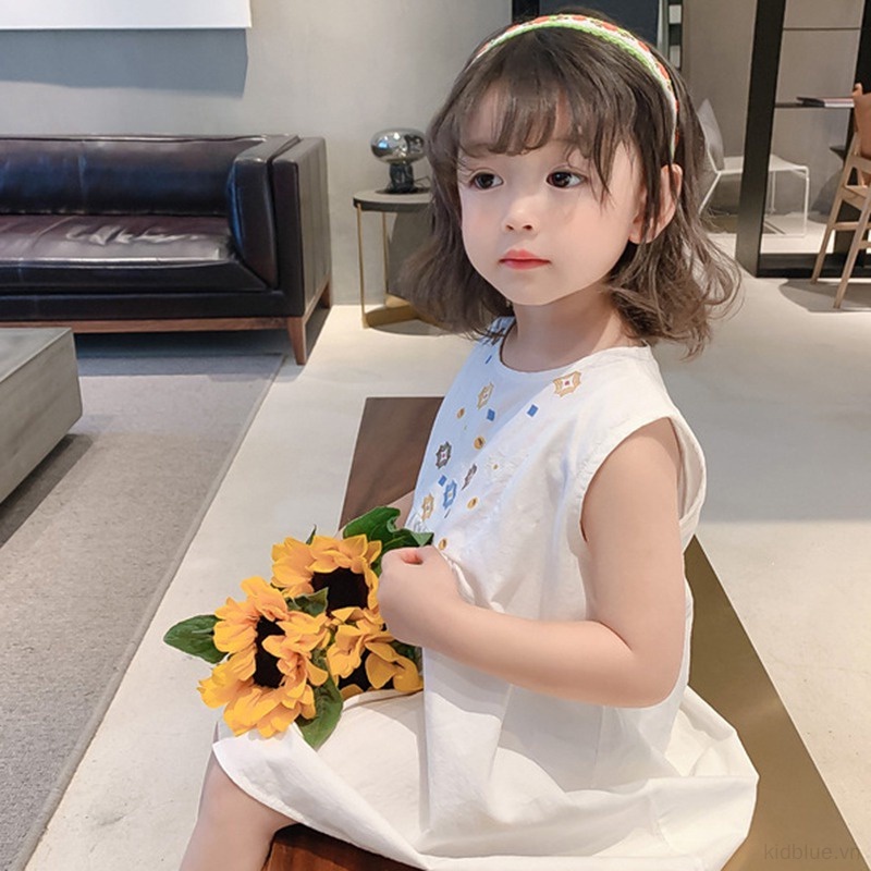 Đầm Sát Nách Cổ Tròn Thêu Hoa Dễ Thương Cho Bé Gái 3-8 Tuổi