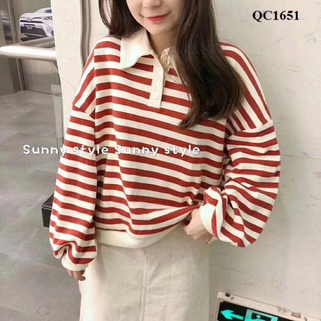 QC1651 - ÁO HOODIE SỌC CỔ BẺ PHỐI NÚT