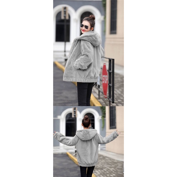 Áo Khoác Tay Dài Có Nón Trùm Đầu Bằng Vải Lông Thỏ Dày Dặn Phong Cách Hàn Quốc Thời Trang Mùa Đông Hàng Mới 2021