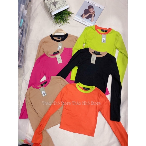 áo thun cổ tròn tay dài croptop viền cổ (hình thật shop Thảo Nhỏ Store chụp )