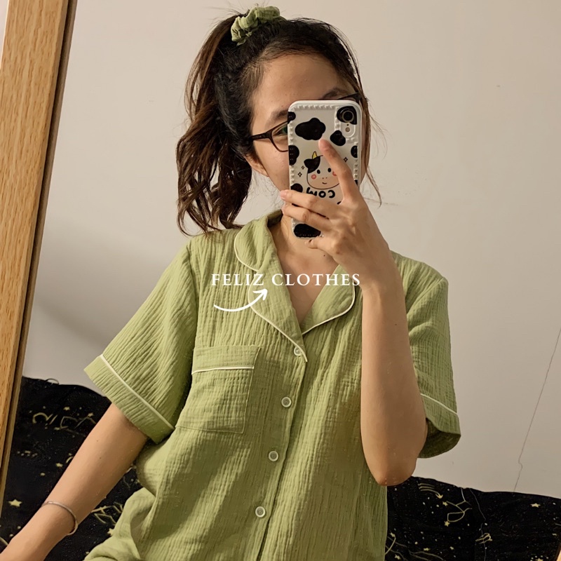 Pyjama xô muslin xanh matcha siêu dễ thương