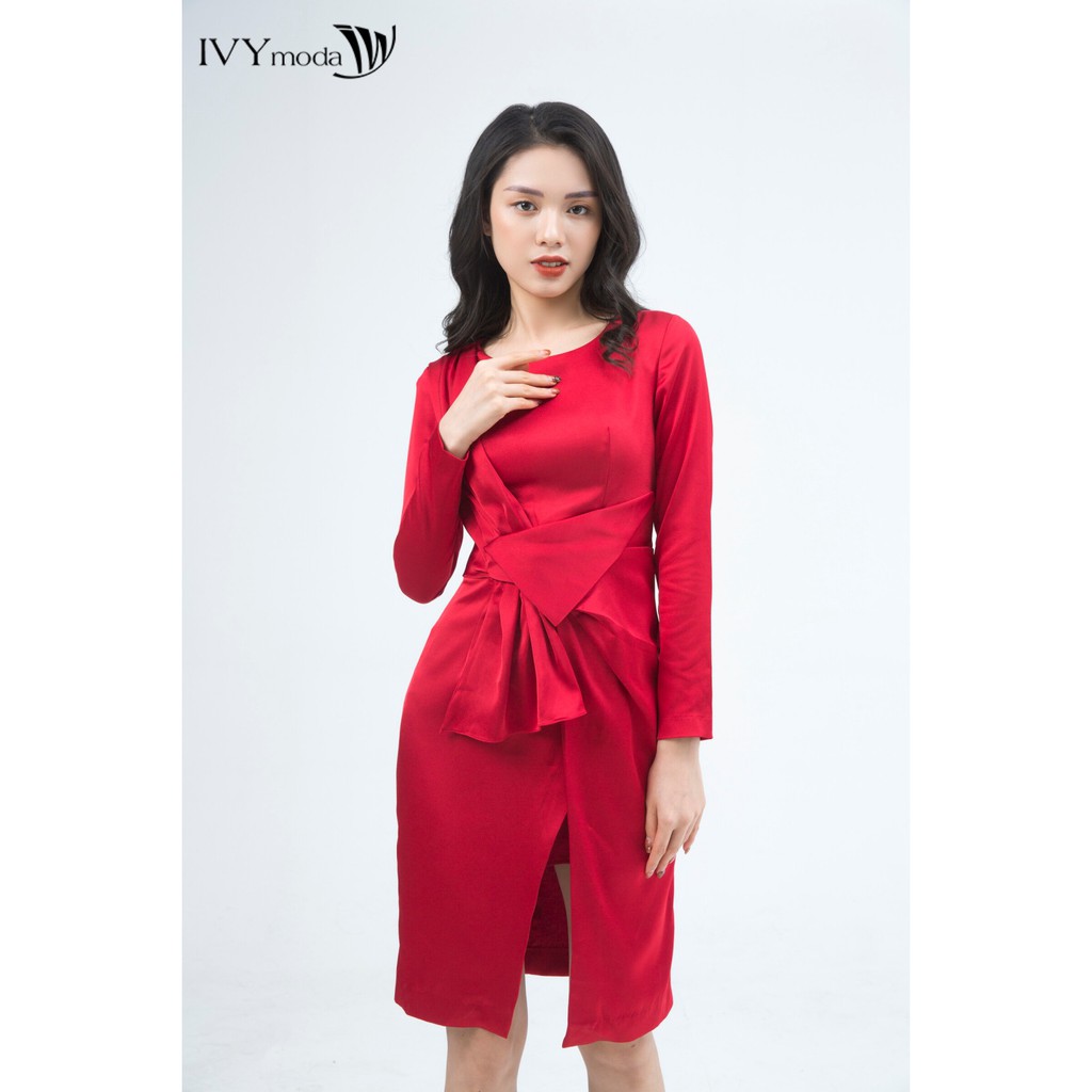 Đầm 2 lớp dài tay vạt nếp thiết kế IVY moda MS 48M5119