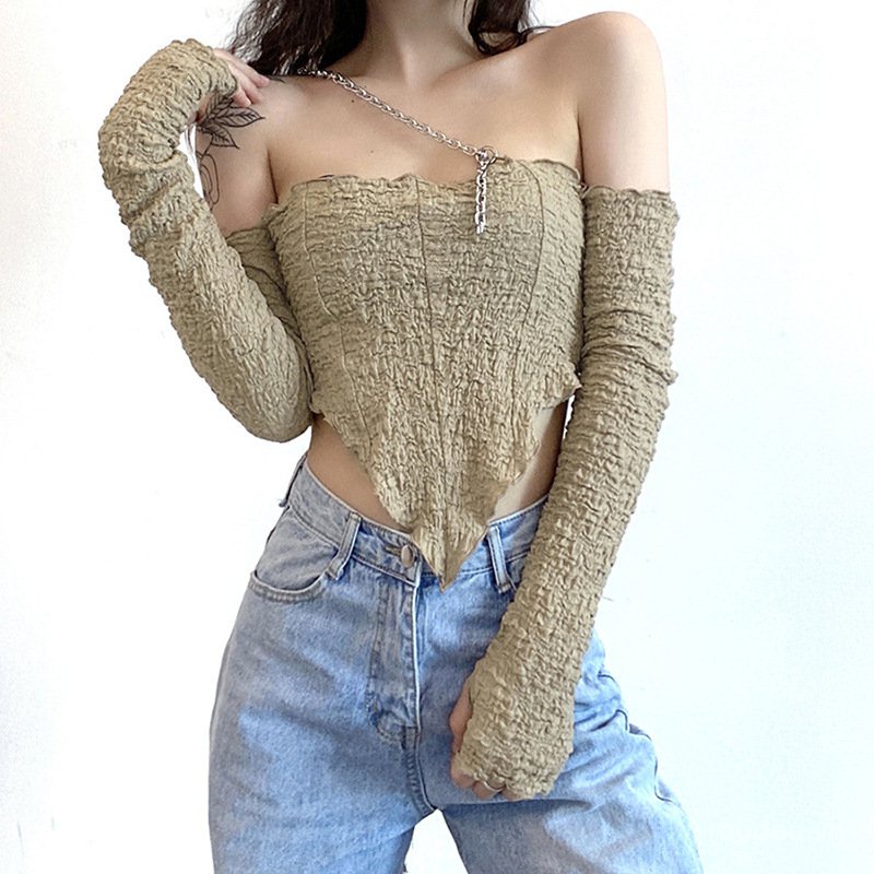 Áo kiểu trễ vai tay dài phối dây xích thời trang cho nữ