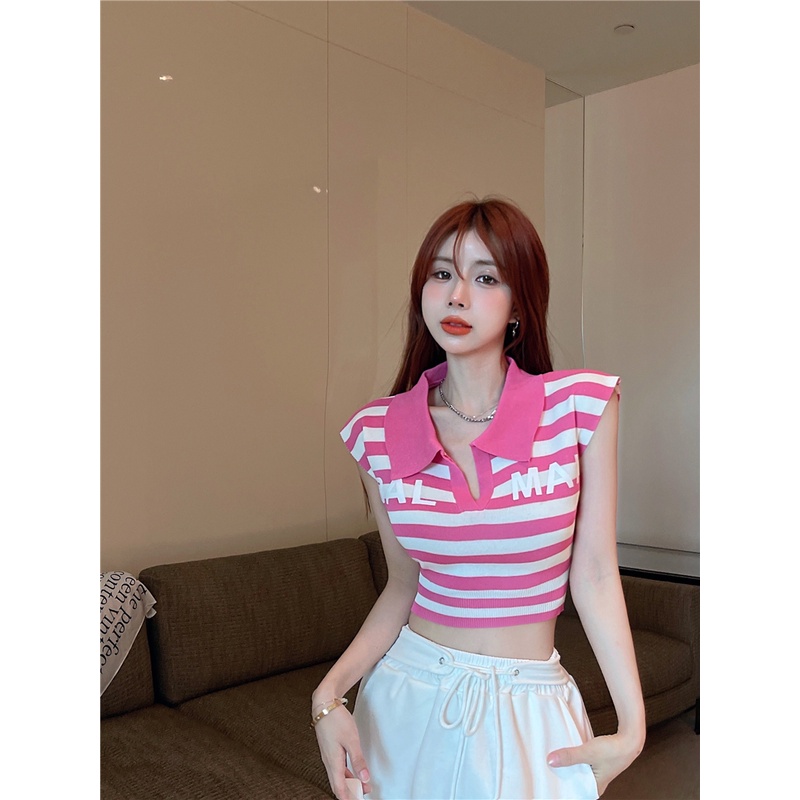 Cocory vn Áo Croptop Dệt Kim Sát Nách Cổ Polo In Chữ Quyến Rũ Thời Trang Mùa Hè 5 Màu Sắc Tùy Chọn Dành Cho Nữ
