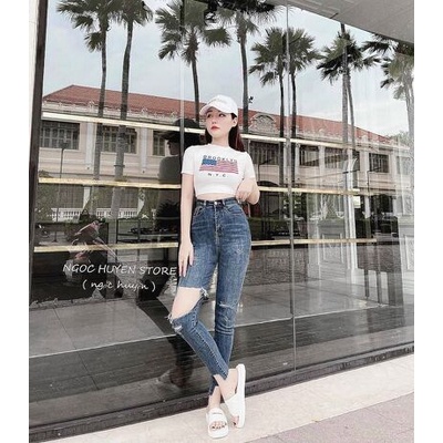Quần jeans dáng ôm rách xước phối cá tính
