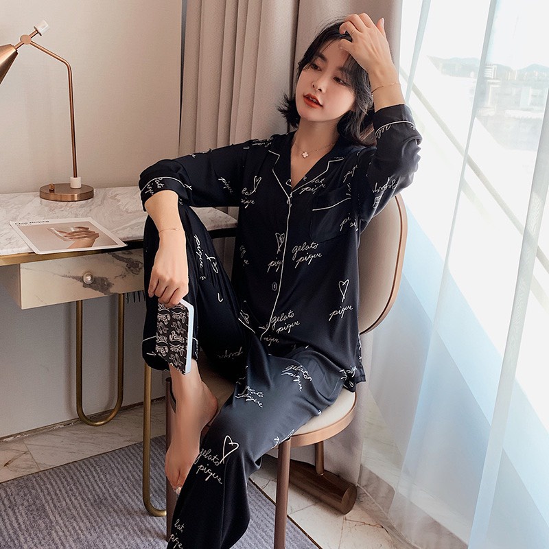 Đồ Ngủ Mặc Nhà Lụa Hàn Pajamas Dài Tay Quần Dài Họa Tiết AMANTA P46AMK