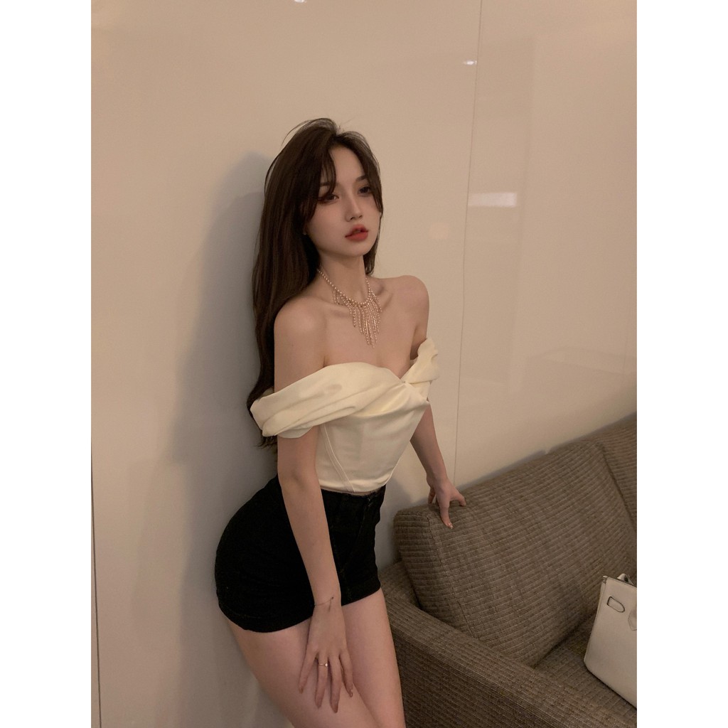 Cocory vn Thời Trang Áo Croptop Tay Ngắn Trễ Vai Chất Liệu Satin Quyến Rũ Cho Nữ