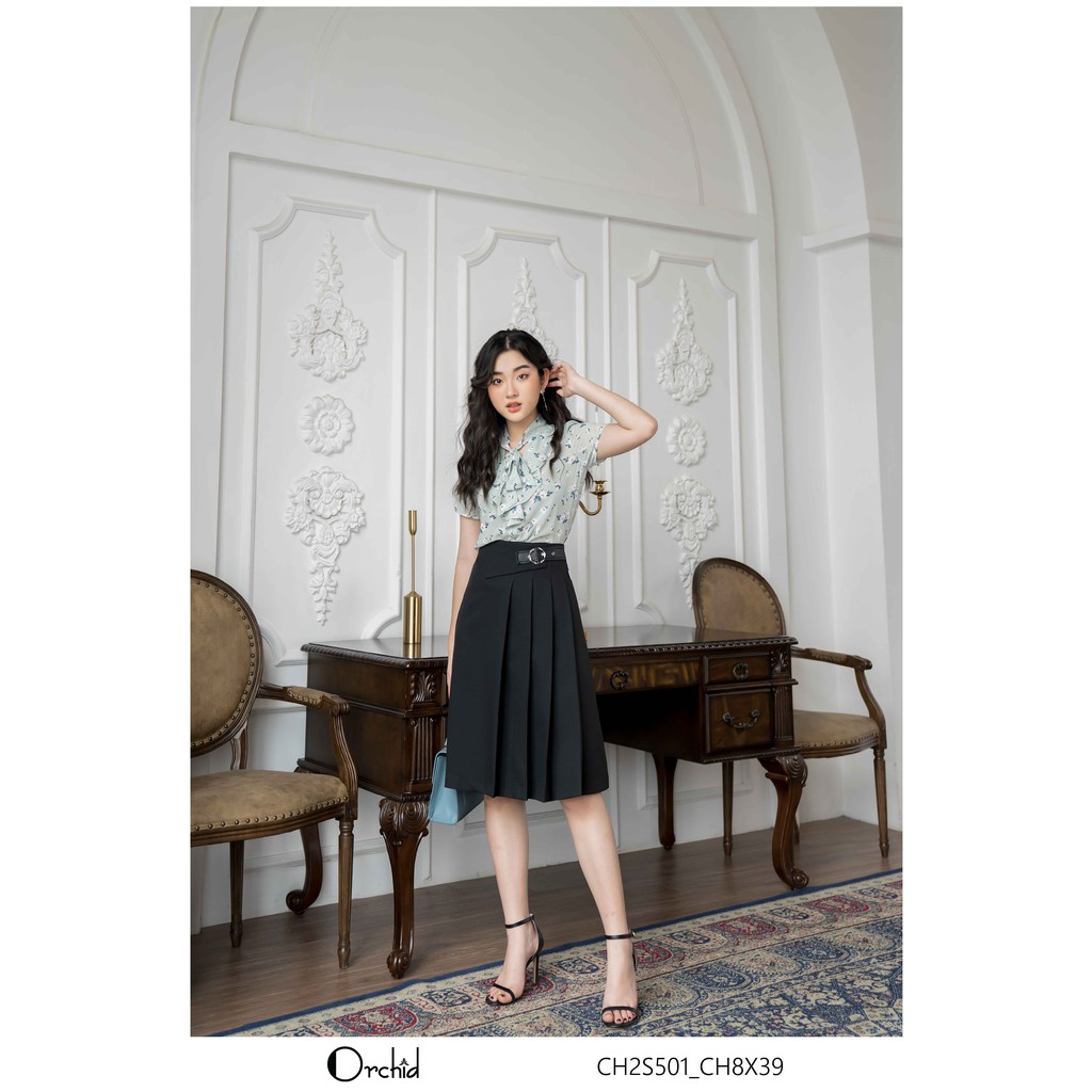 Áo sơ mi nữ hoa họa tiết, cổ nơ sành điêu, chất vải voan thoáng mát - Orchid CH2S501