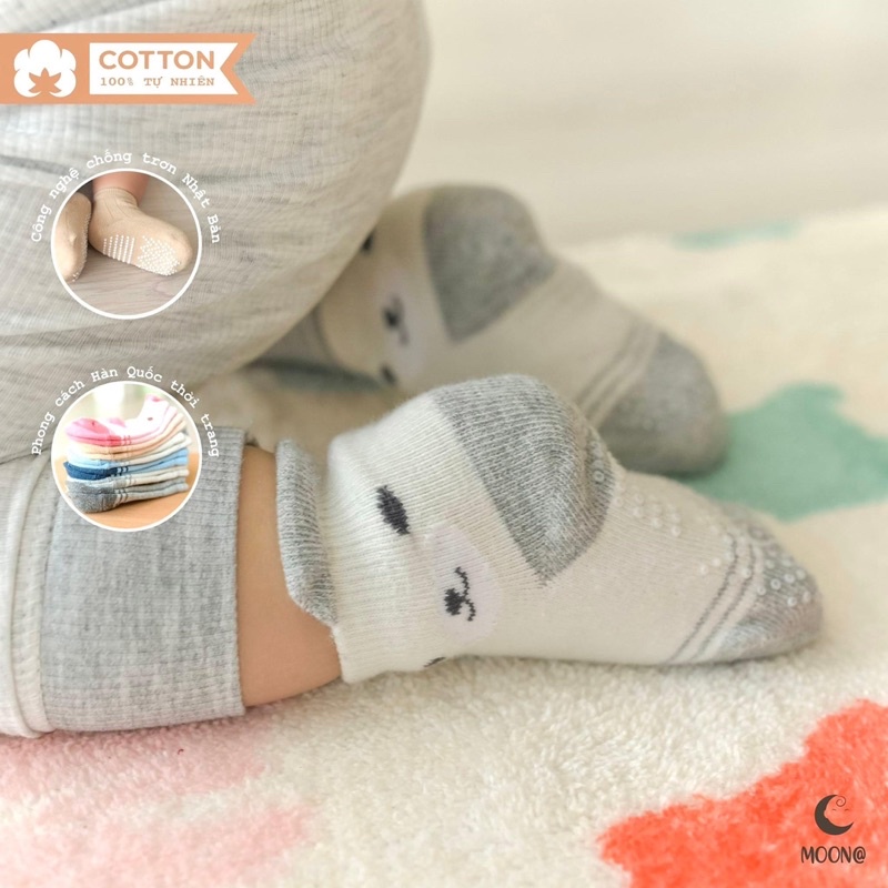 Moon - Set 2 đôi tất sơ sinh 100% Cotton tự nhiên chống trơn cho bé