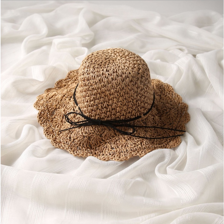 Mũ cói đi biển mềm nón đi biển nữ rộng vành nơ đen gấp gọn nàng thơ phong cách Hàn Quốc