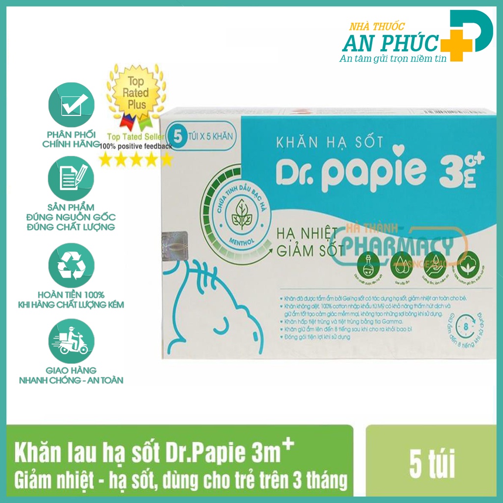 [ CHÍNH HÃNG] Khăn lau hạ sốt Dr Papie 3m - Hộp 25 tờ [Dùng cho trẻ sơ sinh trên 3 tháng]