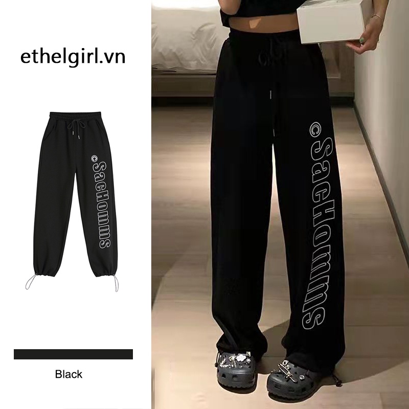 Quần thể thao cho nữ lưng cao ống rộng màu đen phong cách đường phố cổ điển