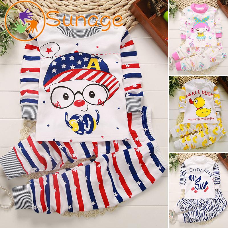 Bộ Đồ Ngủ Cotton Dài Tay Họa Tiết Hoạt Hình Xinh Xắn Dành Cho Bé Mềm