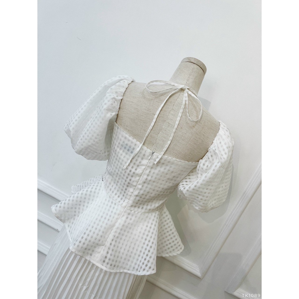 Áo peplum tay phồng cột nơ caro NPAO036