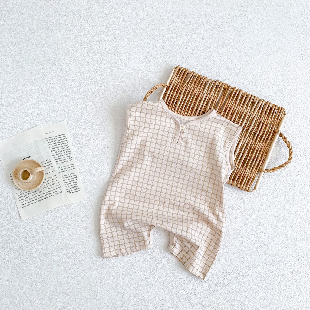 Bộ Áo Liền Quần Sát Nách Bằng Vải Cotton Họa Tiết Ca Rô Đơn Giản Thời