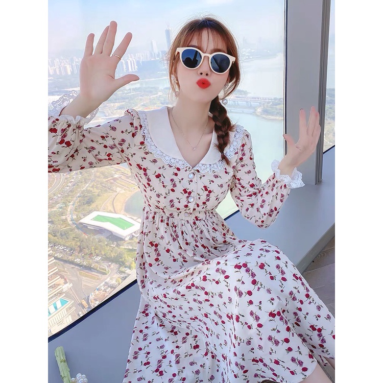 Đầm Nữ Tay Dài Họa Tiết Hoa Xòe Cổ Cánh Bướm Dễ Thương Màu Trắng Sang Trọng Thời Trang Trẻ Trung Dạo Phố