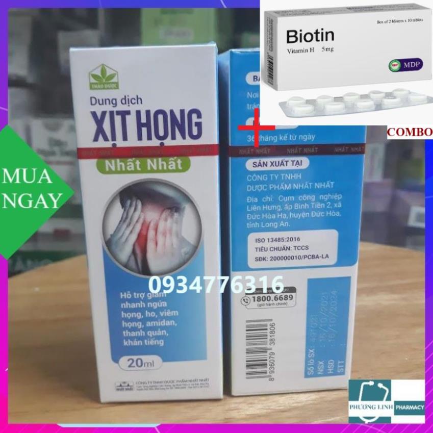 Combo Biotin 5mg+ Xịt Họng Nhất Nhất - hỗ trợ làm giảm nhanh ngứa họng, ho, khản tiếng