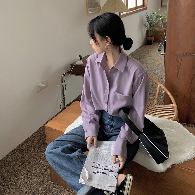 Zuoan Áo Sơ Mi Tay Dài Dáng Rộng Màu Trơn Phong Cách Retro Hàn Quốc