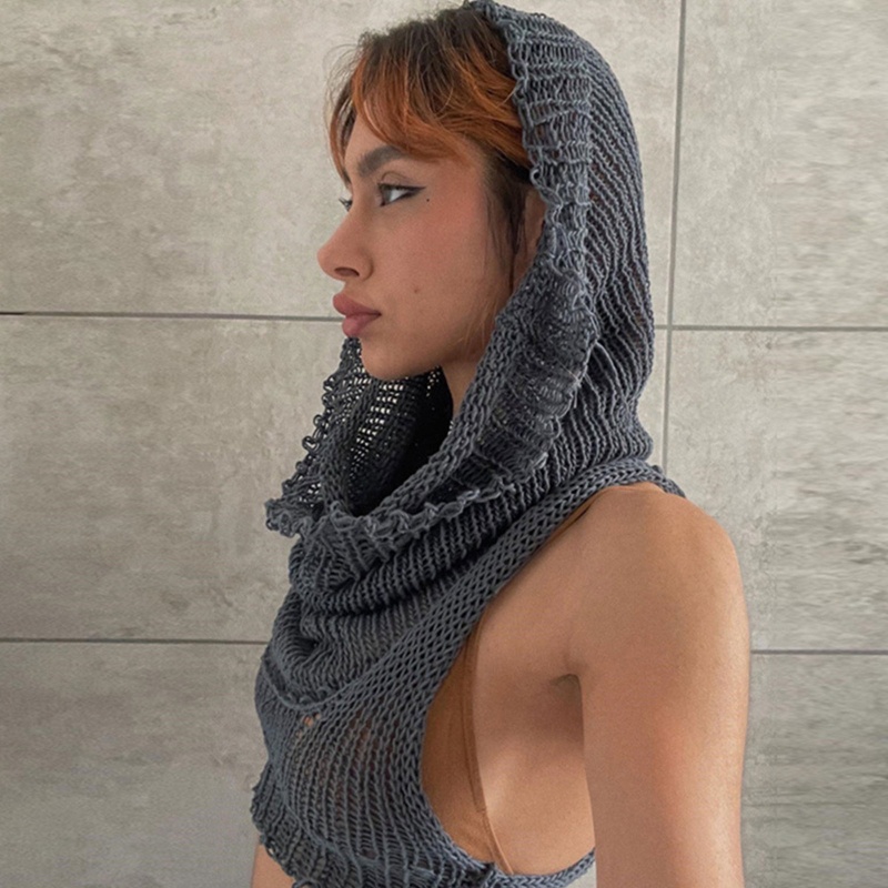 Áo Croptop Dệt Kim Sát Nách Có Mũ Trùm Kiểu Harajuku Đường Phố Cá Tính Cho Nữ