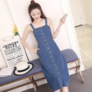 Đầm Yếm Jean Nữ Form Dài Nút Cài Dọc