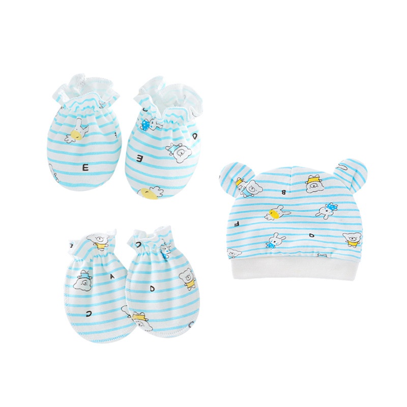 Bộ 3 Găng Tay + Mũ + Găng Tay Chống Cào Xước Xinh Xắn Cho Bé 0-3 Tháng Tuổi