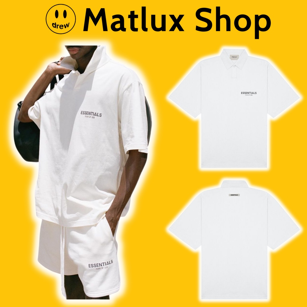 Áo Polo Fear Of God FOG Essentials SS20 White bản cao cấp, Áo phông cổ bẻ nam chất cotton in chữ phản quang