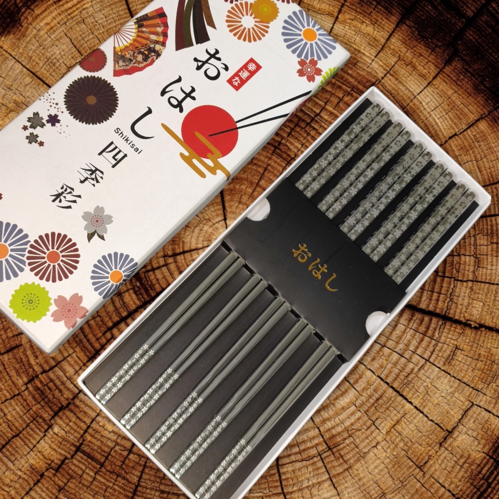 Set 5 đũa inox Shikisai cao cấp 18/10 họa tiết Hoa Anh Đào trắng
