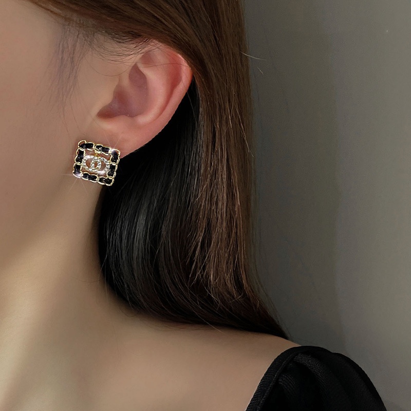 Khuyên Tai Da Hình Vuông Đính Đá Phong Cách Hàn Quốc Thời Trang