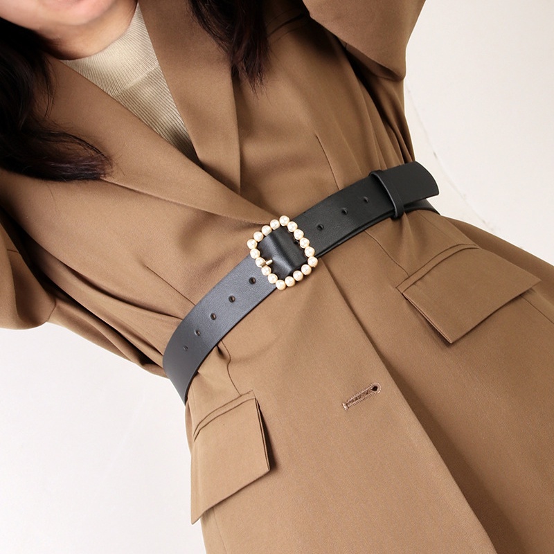 SmileFairyCC【COD &amp; Hàng Có Sẵn】Thắt Lưng Da Bò Thật Đính Ngọc Trai Đơn Giản Chống Thấm Nước Cho Nữ