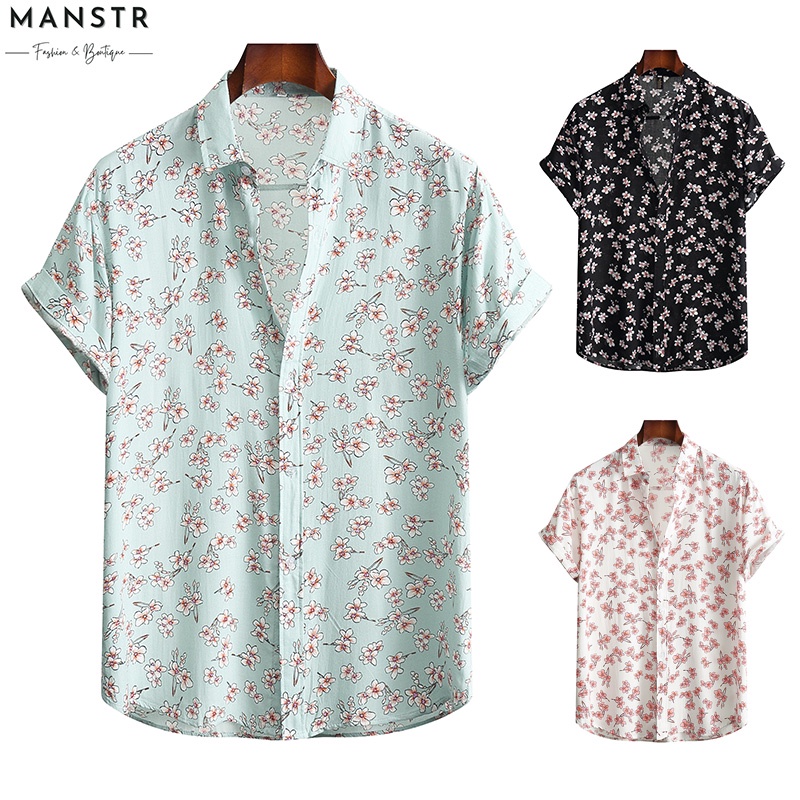 Áo Sơ Mi Polo Cotton Mềm Thoáng Khí Tay Ngắn Cài Nút In Họa Tiết Hoa Hawaii Màu Trắng / Xanh Lá / Đen Thời Trang Mùa Hè Cho Nam Và Nữ