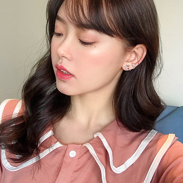 Khuyên tai bạc nữ hình hoa, Hoa tai cao cấp kẹp vành tai, đính đá TUNA SILVER CAM KẾT CHUẨN BẠC