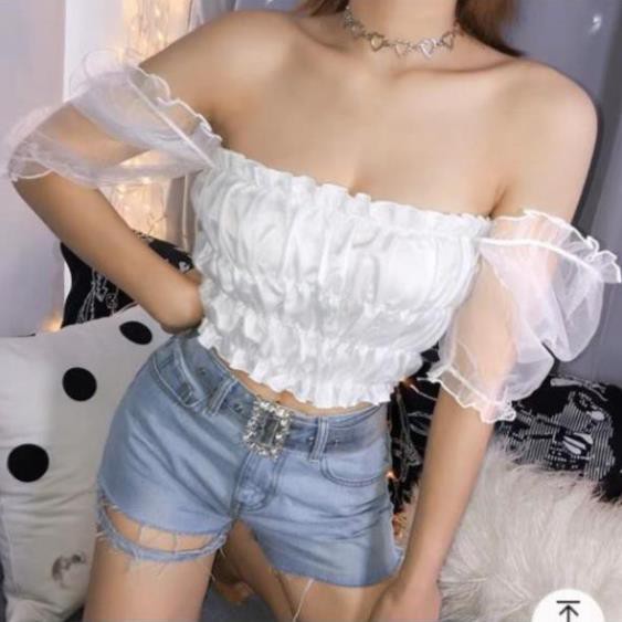 Áo Trễ Vai Voan Kiếng Nhún Croptop Hở Vai Tay Ngắn Phồng Bo Thun Nữ DRACR04 Đẹp * ཾ  ྇