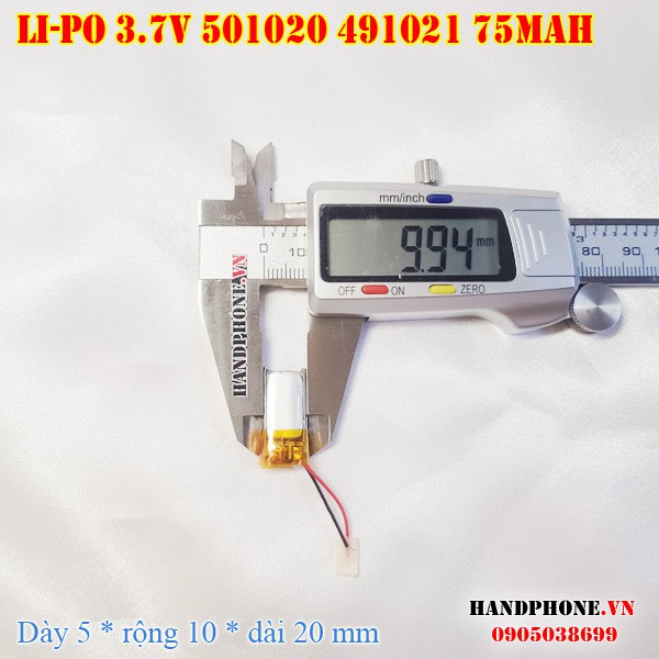Pin Li-Po 3.7V 75mAh 501020 491021 (Lithium Polymer) cho tai nghe Bluetooth, định vị GPS, máy ghi âm, máy nghe nhạc
