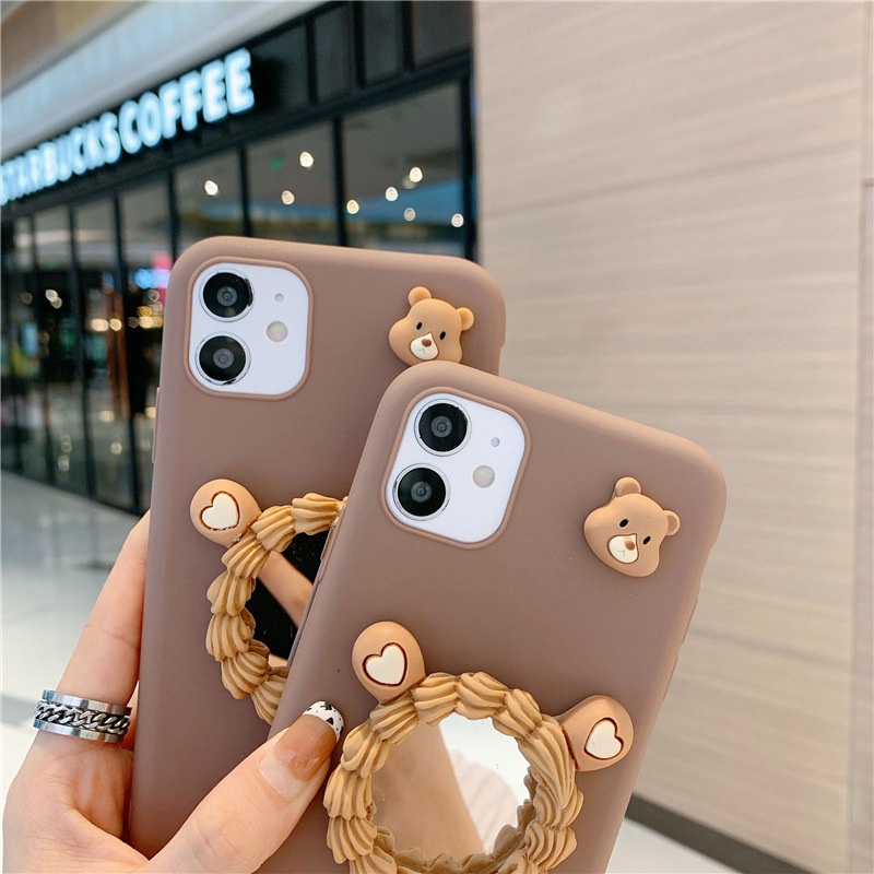 iPhone 13 12 11 Pro X XS Max XR 6 6S 7 8 Plus SE 2020 Phone Case Soft Cartoon Bear with Mirror