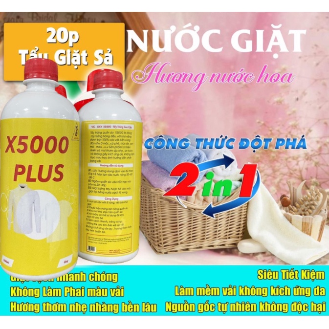 Nước Giặt Tẩy Quần Áo X5000 Plus, Đánh Bay Vết Ố Vàng Mốc Chăn Màn - Làm Đẹp Cho Vải Trắng - Vải Mầu