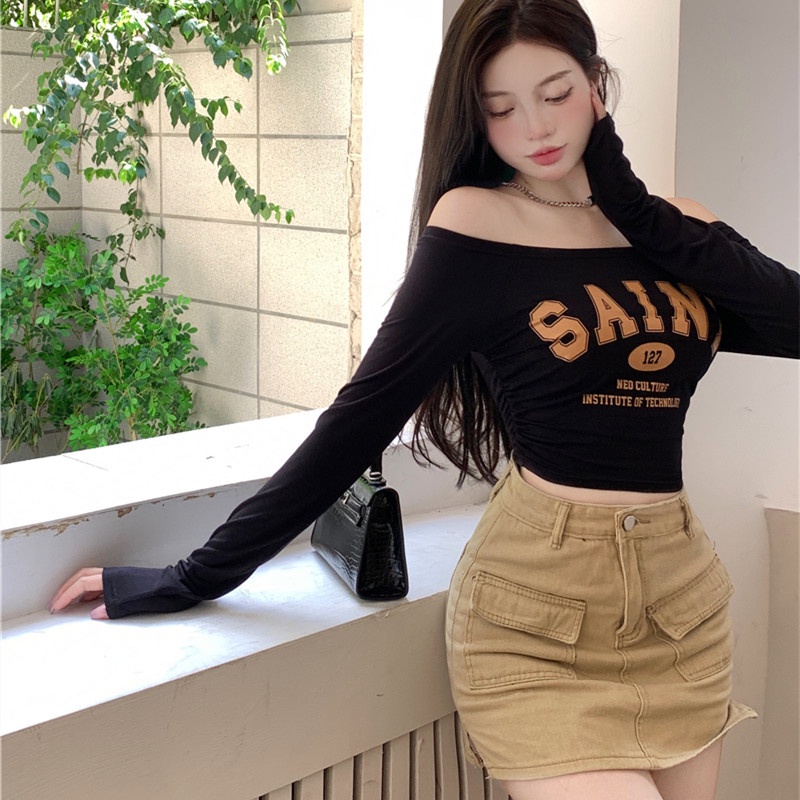 Áo Thun Tay Dài Trễ Vai In Chữ Thời Trang Dành Cho Nữ