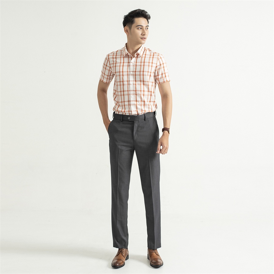 Áo sơ mi nam ngắn tay ARISTINO phom Slim fit, họa tiết kẻ ca rô cam nâu , chất liệu Modal thoáng mát - ASS238S9
