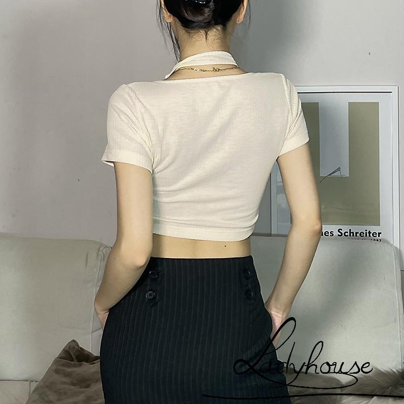 Áo Thun Giả Hai Mảnh Tay Ngắn Phối Dây Xích In Chữ Trang Trí Thời Trang Cho Nữ