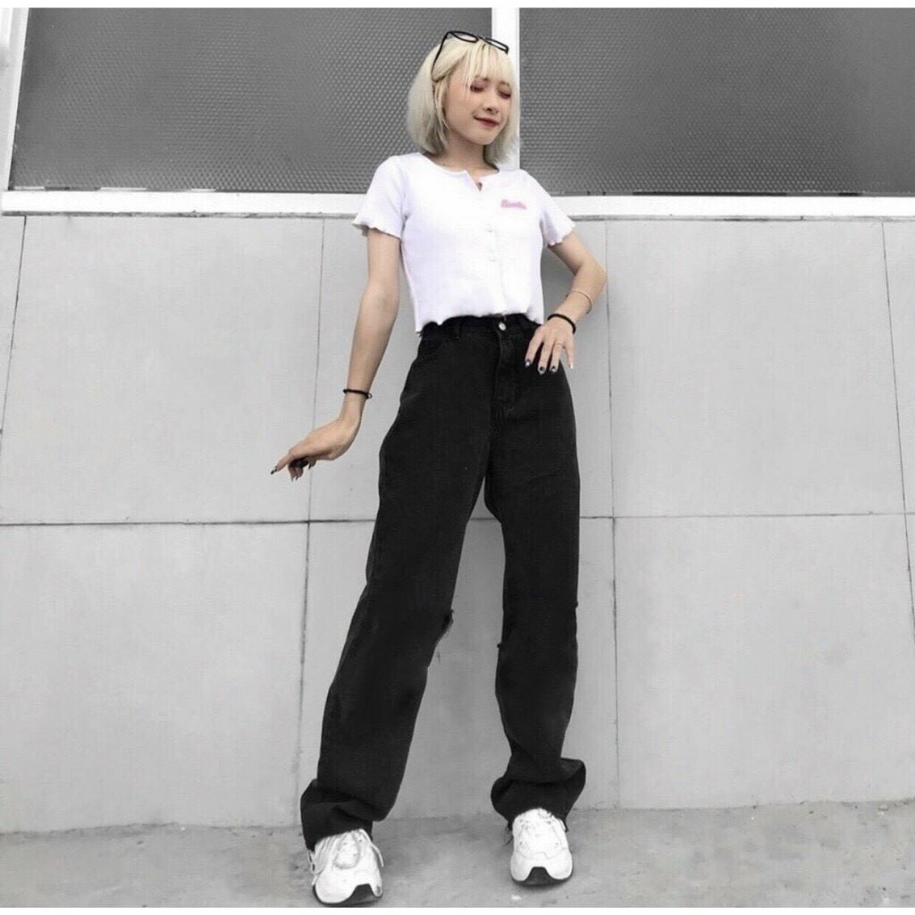 Quần jean nữ ống rộng lưng cao màu đen quần bò nữ cạp cao GV02 | BigBuy360 - bigbuy360.vn