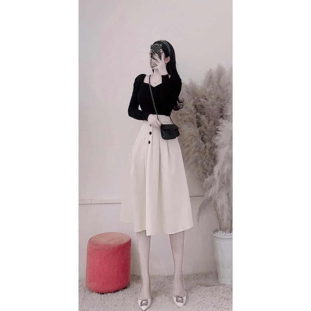 Set Áo tay bồng dài tay, chân váy xòe midi cho nữ bán rời set, phong cách hàn quốc