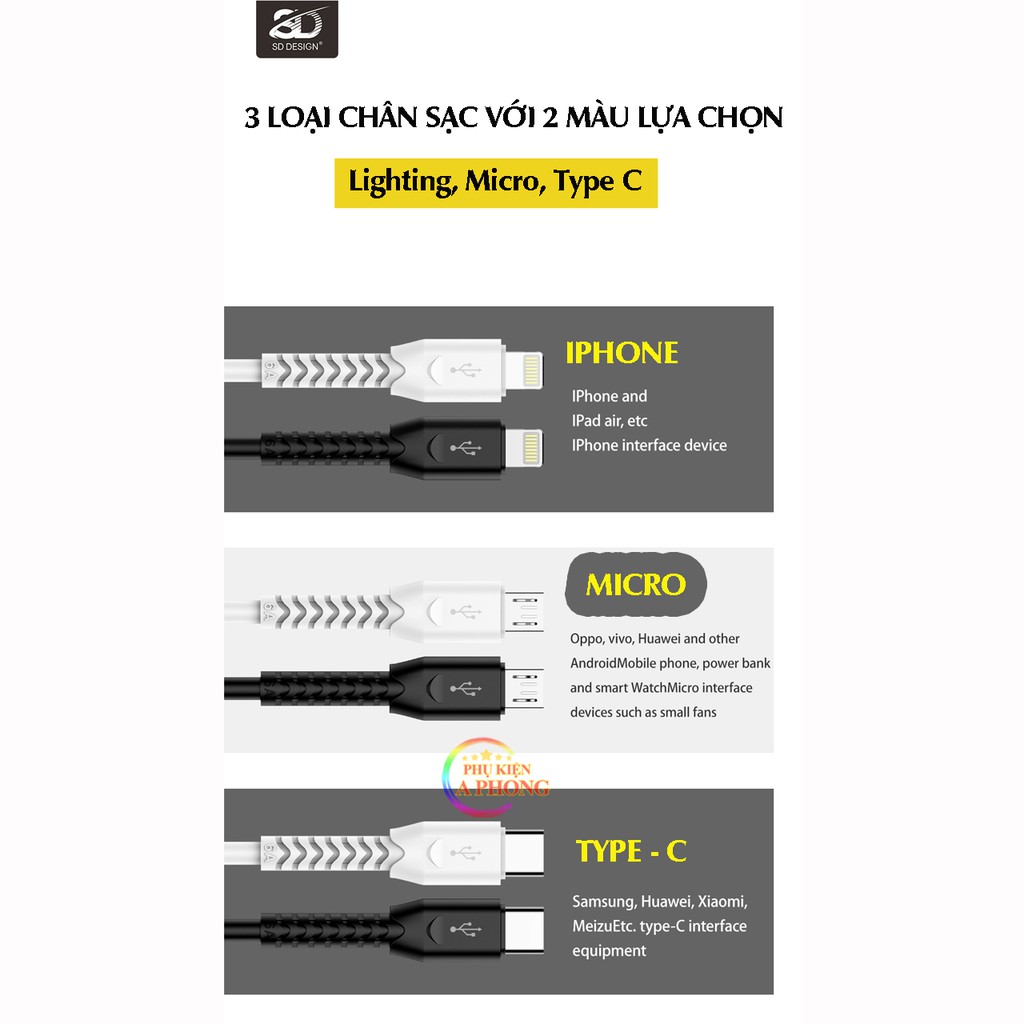 CÁP SẠC NHANH SIÊU TỐC T8 6A - Chính hãng SD - Sạc nhanh không hại pin cho Iphone, Samsung, Oppo - Bảo hành 12 tháng