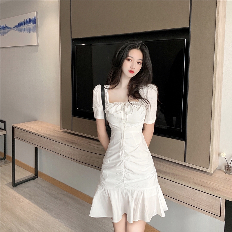 ⭐.⭐Retro white waist skirt women slim square neck fold ruffle skirt | BigBuy360 - bigbuy360.vn