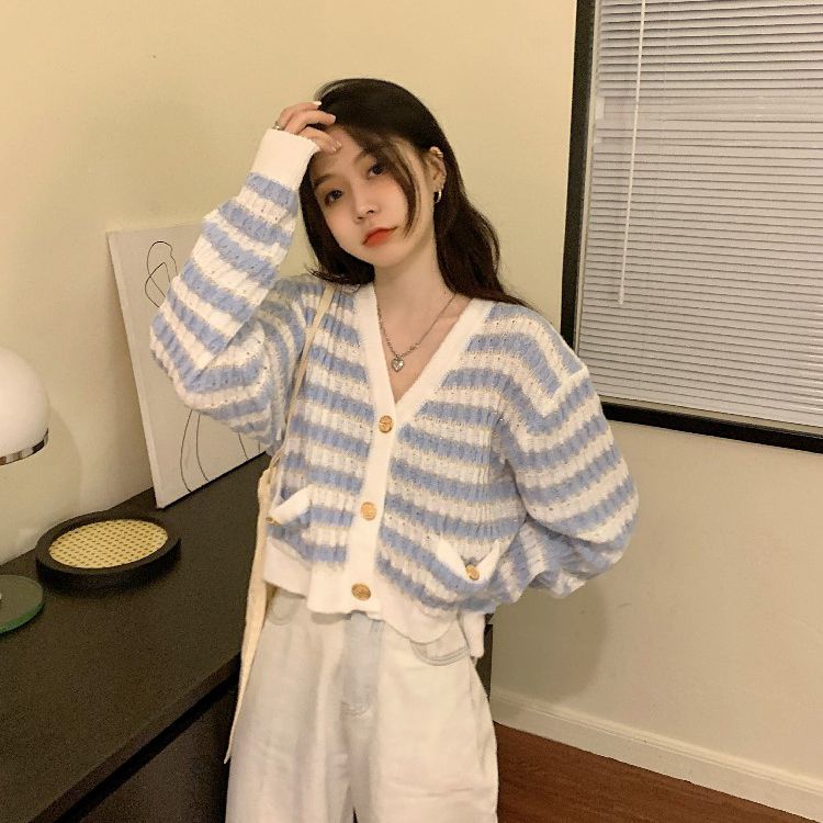 Áo khoác cardigan BH dệt kim tay dài kẻ sọc kiểu vintage Hàn Quốc thời trang 2022 cho nữ