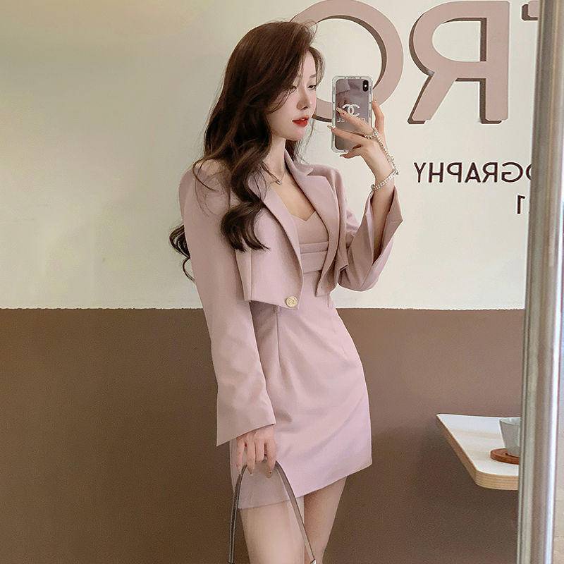 Bộ Đồ Hàn Quốc Đơn Giản Bộ Đồ Mùa Thu Cho Nữ Bộ Đồ Hàng Đầu Mỏng Phù Hợp Với Bộ Đồ Váy Ngắn 2 Chiếc