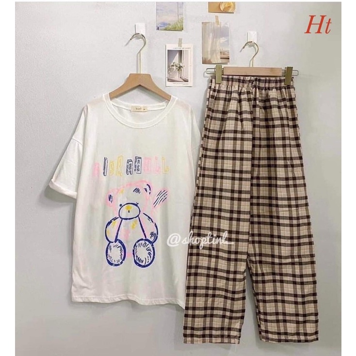 Sét áo gấu ngồi quần kẻ H2S778