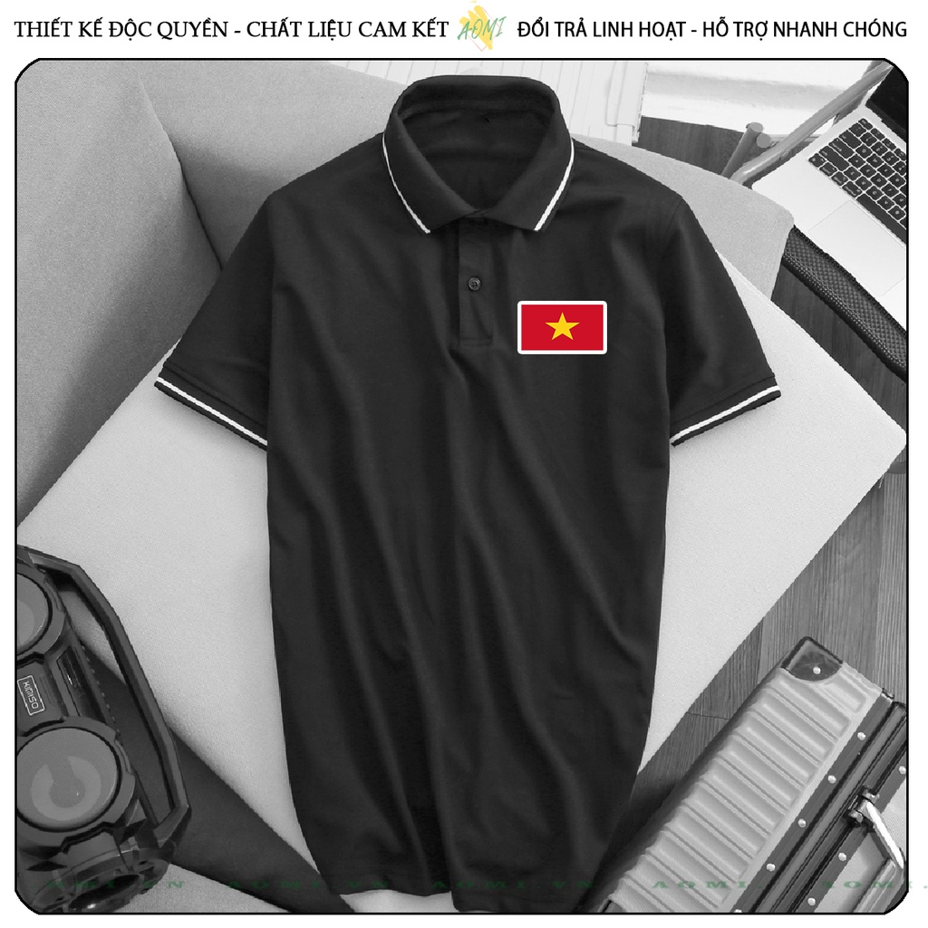 ÁO POLO CỜ ĐỎ SAO VÀNG VIỆT NAM CHẤT THUN CÁ SẤU MÈ ĐEN TRẮNG VÀNG UNISEX PHÔNG NAM NỮ THUN CỔ BẺ BASIC GIA ĐÌNH AOMIVN