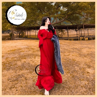 Đầm Maxi Đỏ Trễ Vai Đi Biển, Chụp Ngoại Cảnh Dáng Dài Form Rũ - Chảnh Maxi