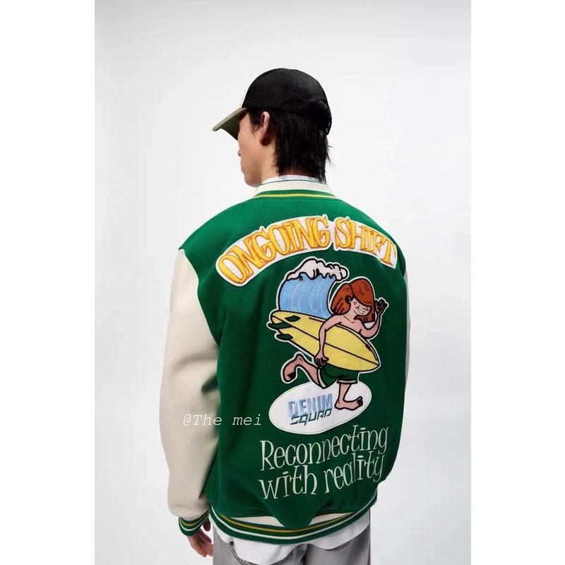 CÓ SẴN - varsity jacket ZR - Áo khoác bóng chày - xanh hoạ tiết siêu đẹp - unisex cho cả nam và nữ - The Mei