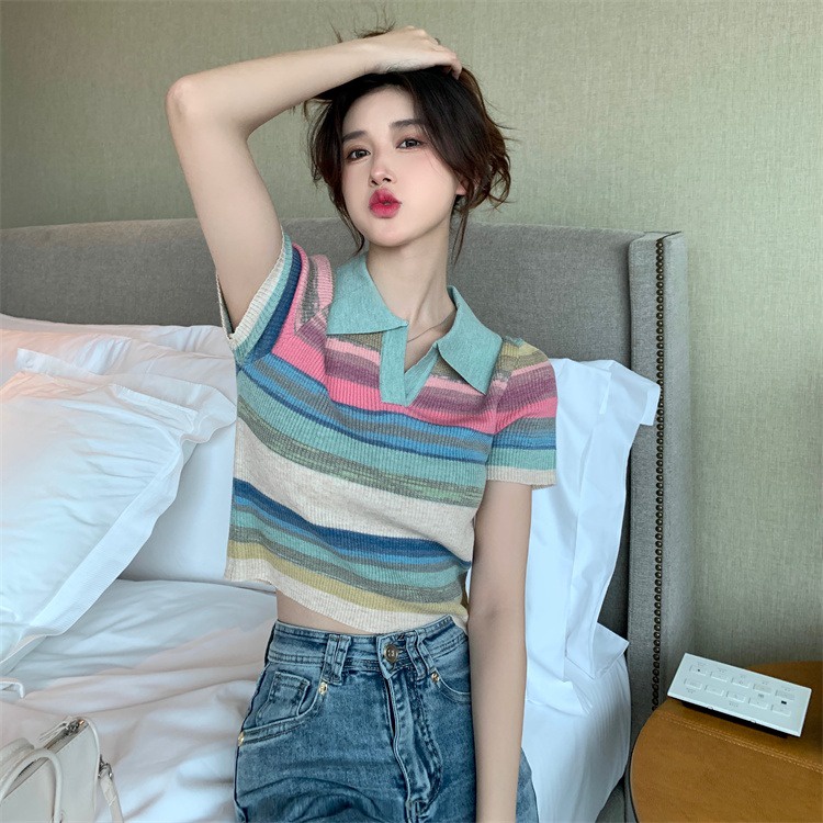 Áo thun ZHELIHANGFEI cổ polo tay ngắn họa tiết kẻ sọc cầu vồng thời trang